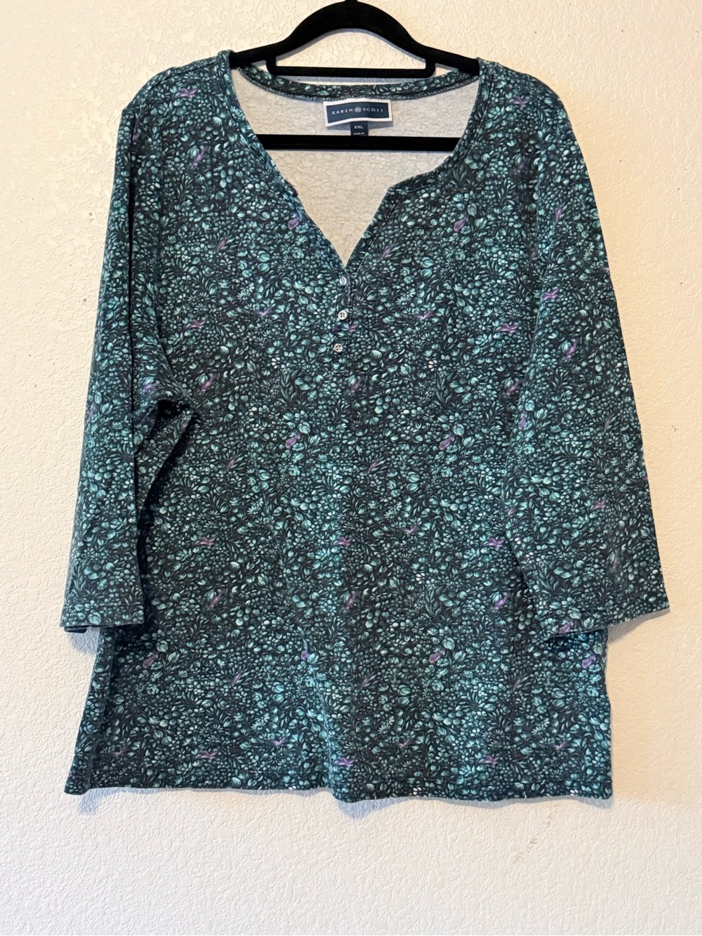 Karen Scott Green Floral Henley Tunic Top 0305